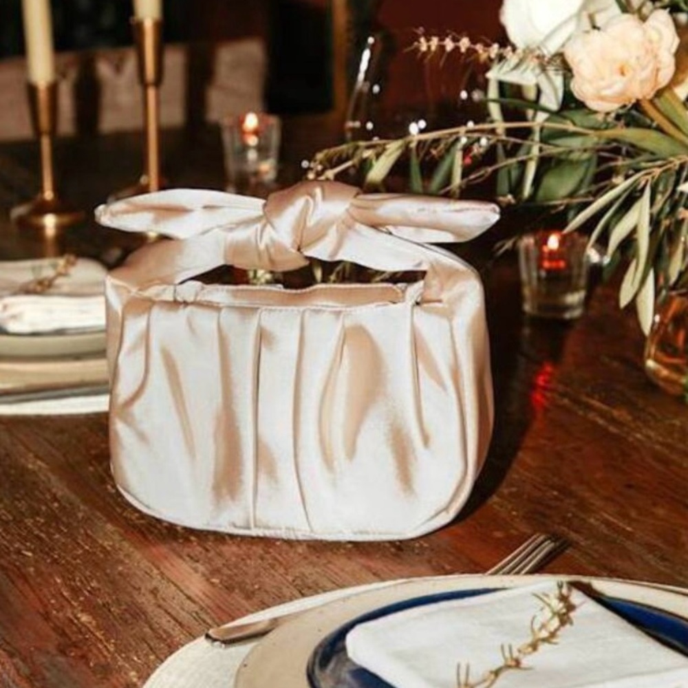 NWOT Champagne Satin Knot Handle Clutch Bag